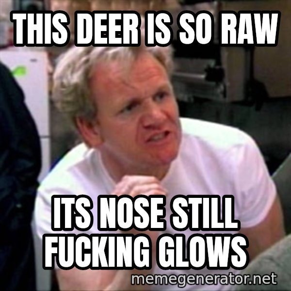Gordon Ramsay meme: THIS DEER IS SO RAW / ITS NOSE STILL FUCKING GLOWS