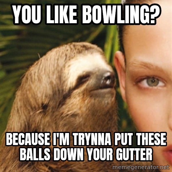 The Rape Sloth meme: You like bowling? / Because I'm trynna put these balls down your gutter