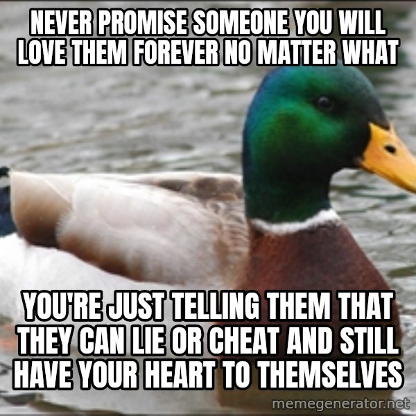 Actual Advice Mallard 1 meme: never promise someone you will love them forever no matter what / you're just telling them that they can lie or cheat and still have your heart to themselves