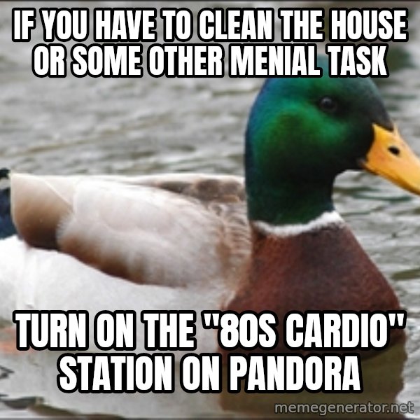 Actual Advice Mallard 1 meme: If you have to clean the house or some other menial task / turn on the "80s cardio" station on Pandora