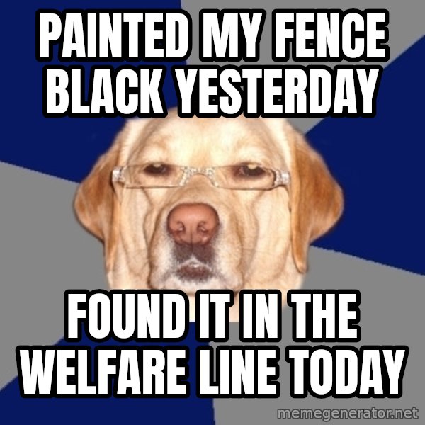 Racist Dawg meme: Painted my fence black yesterday / found it in the welfare line today