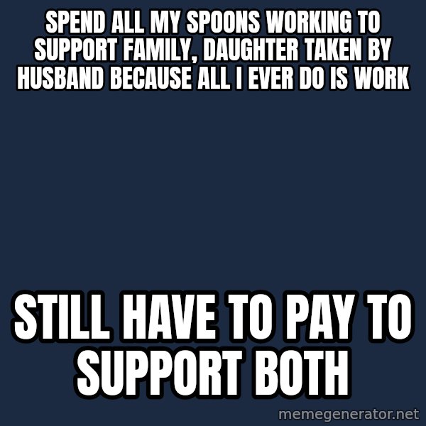 Chronic Illness Cat meme: Spend all my spoons working to support family, daughter taken by husband because all I ever do is work / still have to pay to support both