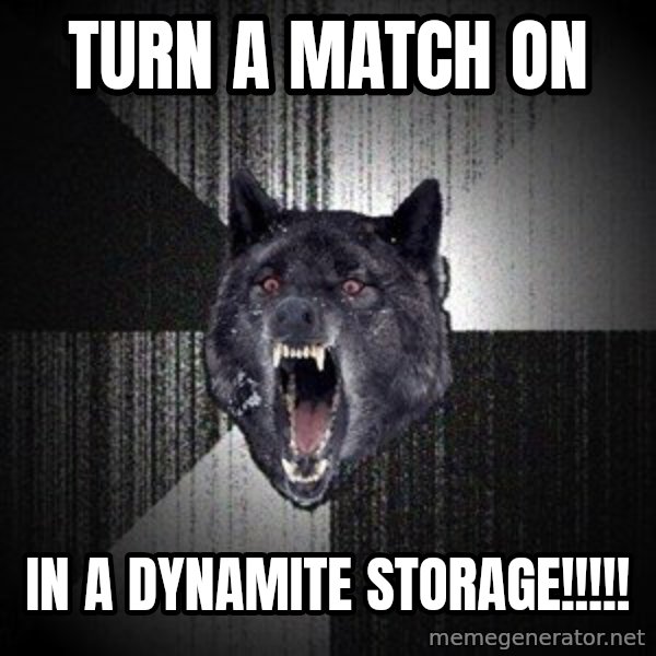 Insanity Wolf meme: turn a match on / in a dynamite storage!!!!!