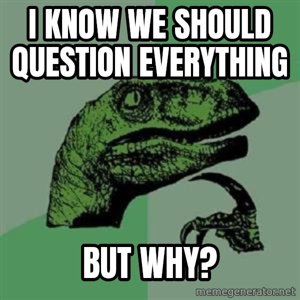 Philosoraptor meme: i know we should question everything / but why?