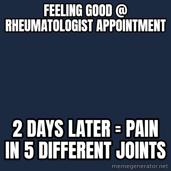 Chronic Illness Cat meme: Feeling good @ Rheumatologist appointment / 2 days later = Pain in 5 different joints