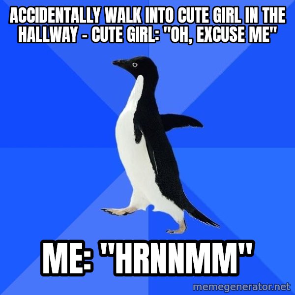 Socially Awkward Penguin meme: accidentally walk into cute girl in the hallway - Cute girl: "oh, Excuse me" / me: "hrnnmm"