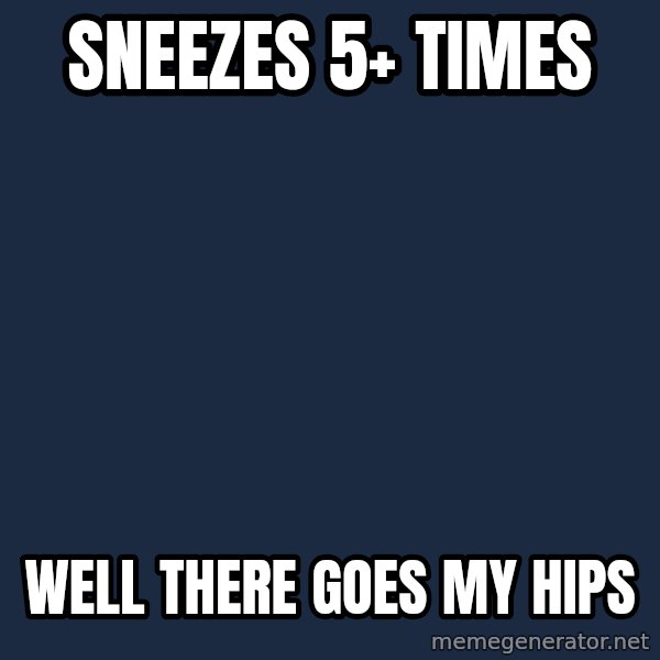 Chronic Illness Cat meme: Sneezes 5+ times / well there goes my hips