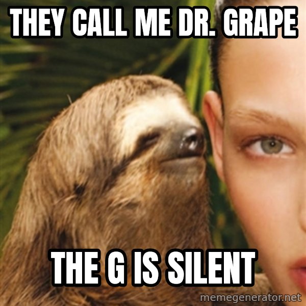 The Rape Sloth meme: They call me dr. grape / the g is silent