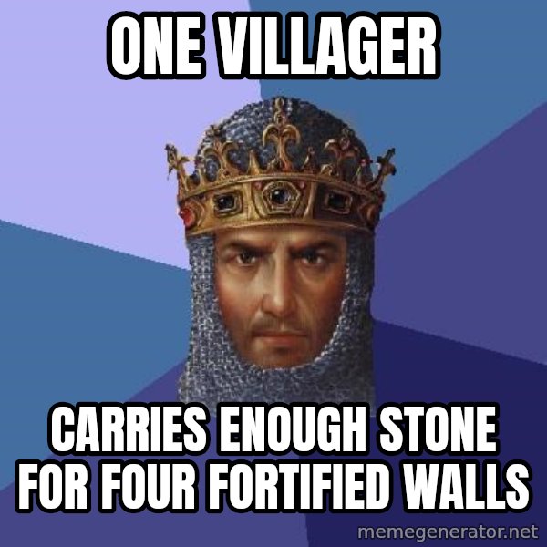 Age Of Empires meme: ONE VILLAGER / CARRIES ENOUGH STONE FOR FOUR FORTIFIED WALLS