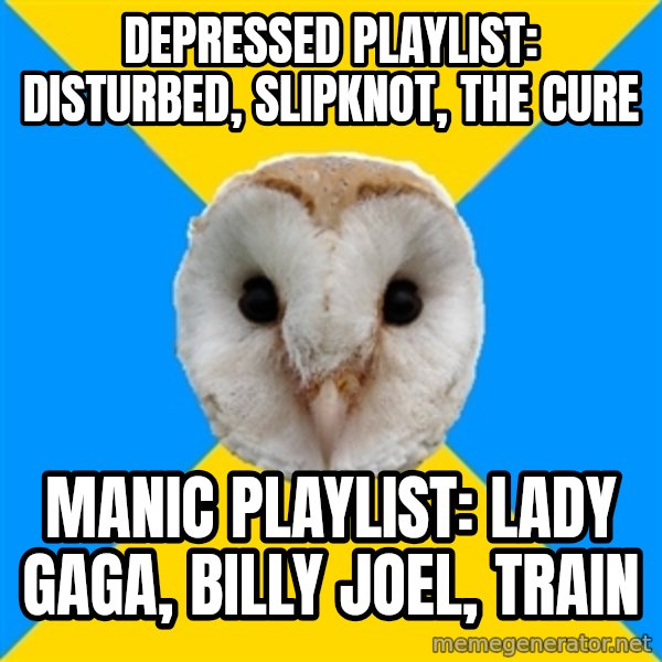 Bipolar Owl meme: Depressed playlist: Disturbed, Slipknot, The Cure / Manic playlist: Lady Gaga, Billy Joel, TrAin