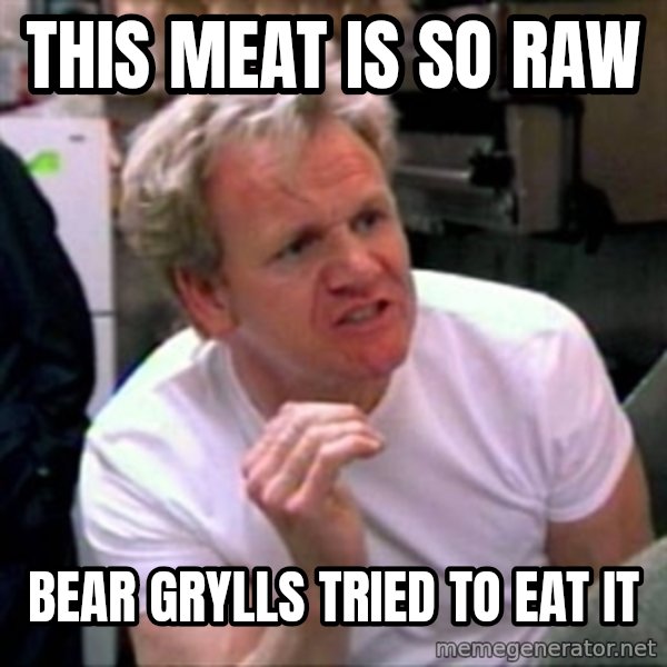 Gordon Ramsay meme: THIS MEAT IS SO RAW / BEAR GRYLLS TRIED TO EAT IT