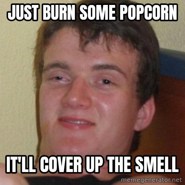 Stoner Guy meme: Just burn some popcorn / it'll cover up the smell
