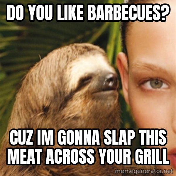 The Rape Sloth meme: do you like barbecues? / cuz im gonna slap this meat across your grill