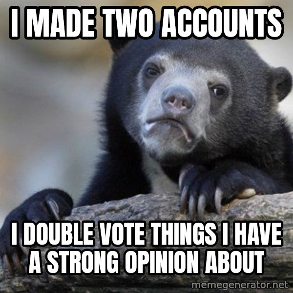 Confession Bear meme: I made two accounts / i double vote things i have a strong opinion about