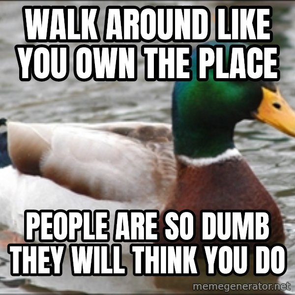 Actual Advice Mallard 1 meme: Walk around like you own the place / people are so dumb they will think you do