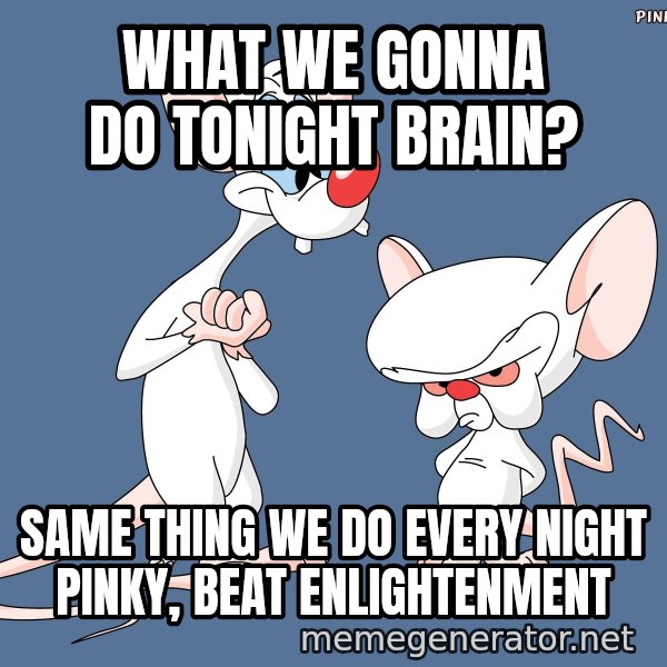 Pinky And The Brain meme: what we gonna do tonight brain? / same thing we do every night pinky, beat enlightenment