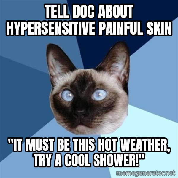 Chronic Illness Cat meme: Tell doc about hypersensitive painful skin / "it must be this hot weather, try a cool shower!"