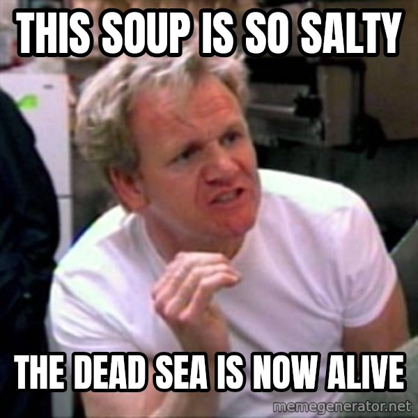 Gordon Ramsay meme: this soup is so salty / the dead sea is now alive