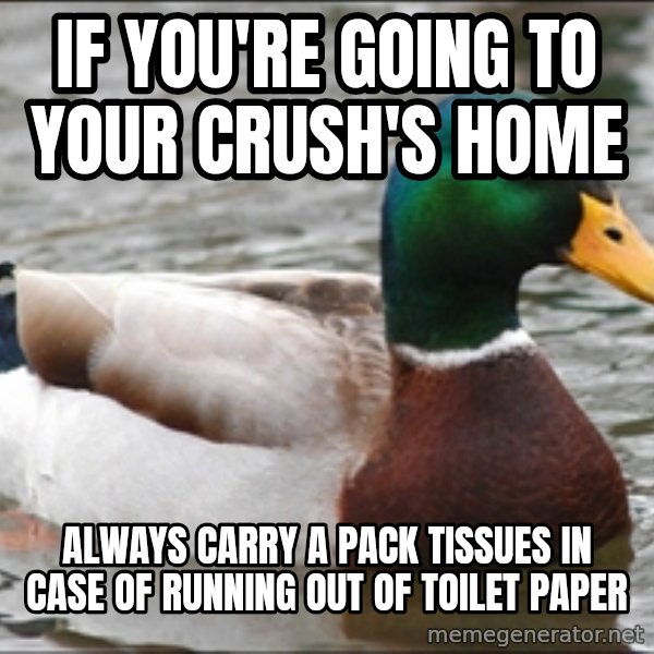 Actual Advice Mallard 1 meme: If you're going to your crush's home / always carry a pack tissues in case of running out of toilet paper