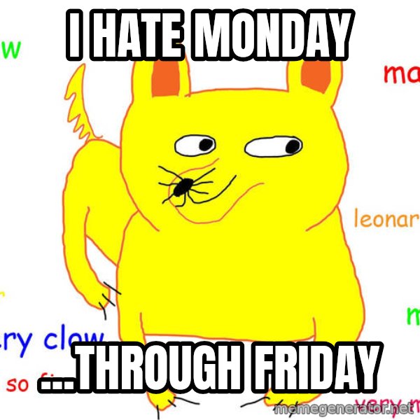 Grumpy Cat  meme: I hate monday / ...through friday