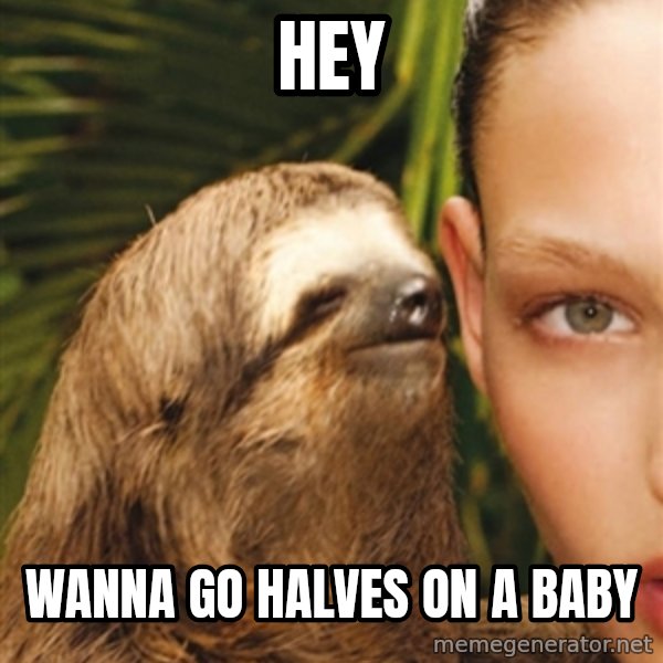 The Rape Sloth meme: Hey / wanna go halves on a baby