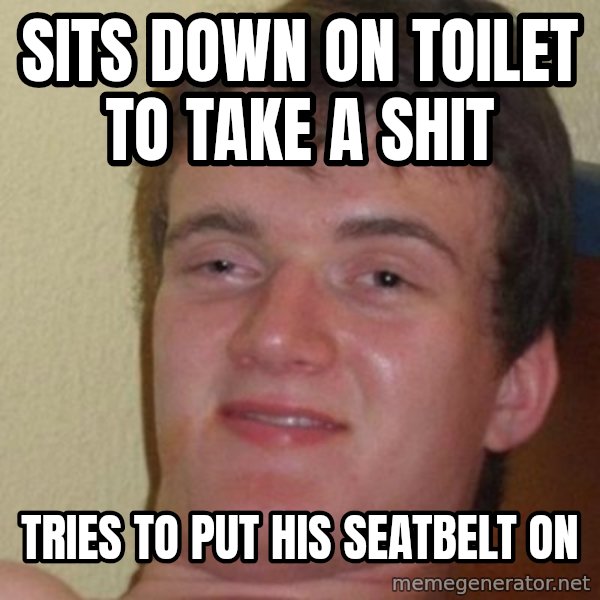 Really Stoned Guy meme: sits down on toilet to take a shit / tries to put his seatbelt on