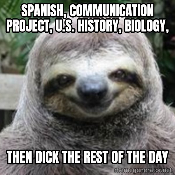 Sexual Sloth meme: Spanish, communication project, U.S. history, biology, / Then dick the rest of the day