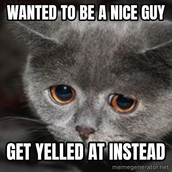 Sadcat meme: wanted to be a nice guy / get yelled at instead