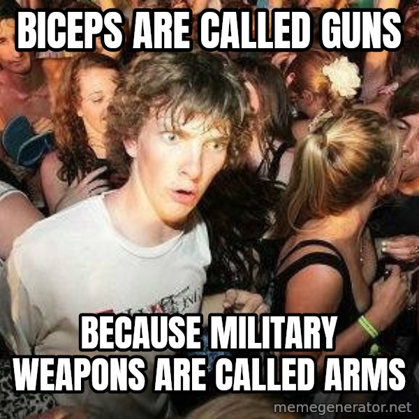 -Sudden Clarity Clarence meme: Biceps are called guns / Because military weapons are called arms