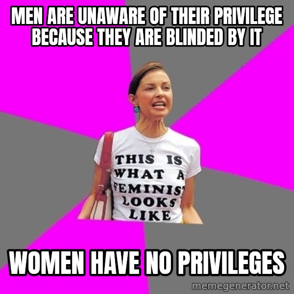 Feminist Cunt meme: men are unaware of their privilege because they are blinded by it / women have no privilegeS
