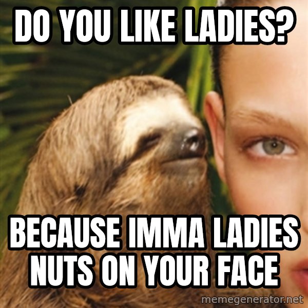 The Rape Sloth meme: Do you like ladies? / Because Imma ladies nuts on your face