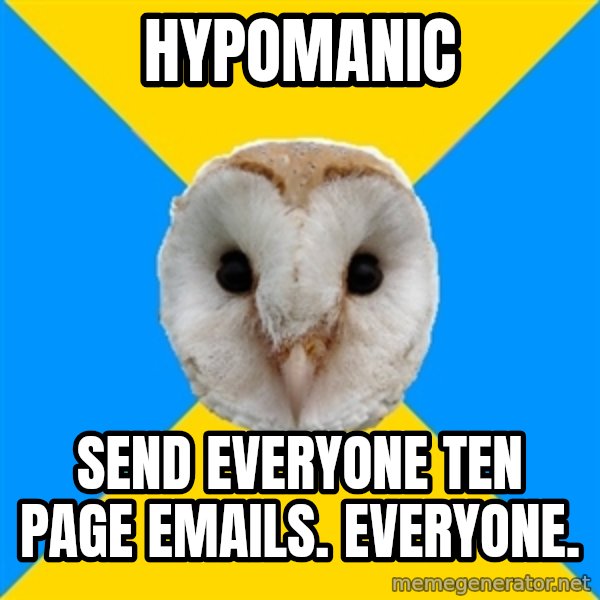 Bipolar Owl meme: Hypomanic / Send everyone ten page emails. everyone.
