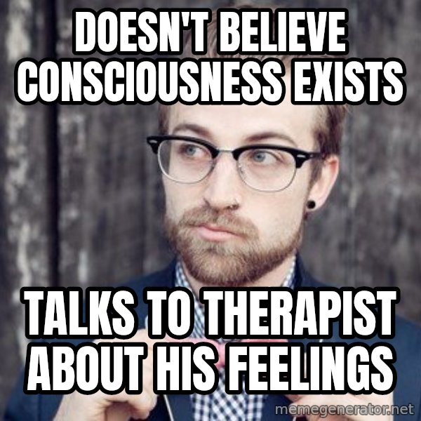 Scumbag Analytic Philosopher meme: doesn't believe consciousness exists / talks to therapist about his feelings