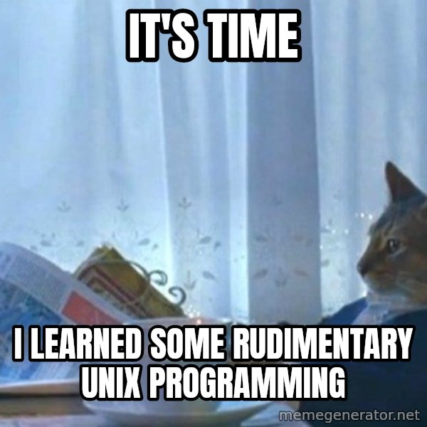 newspaper cat realization meme: IT'S TIME / I LEARNED SOME RUDIMENTARY UNIX PROGRAMMING