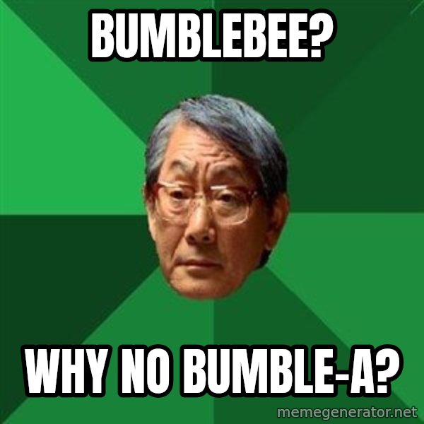 High Expectations Asian Father meme: Bumblebee? / Why no bumble-A?