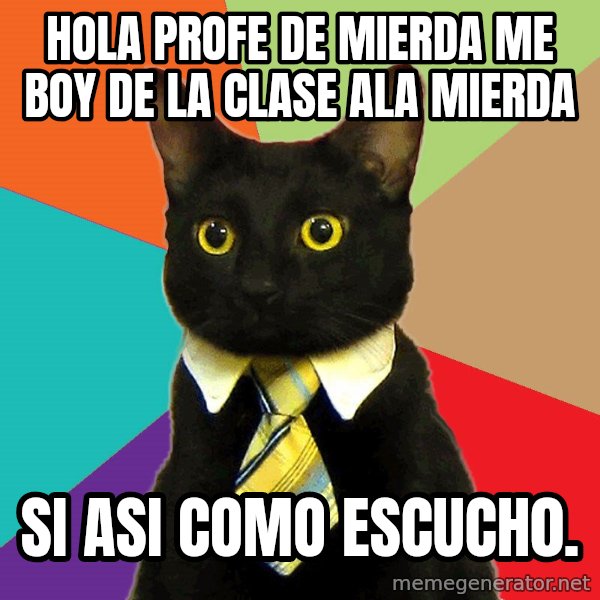Business Cat meme: hola profe de mierda me boy de la clase ala mierda / si asi como escuch0.