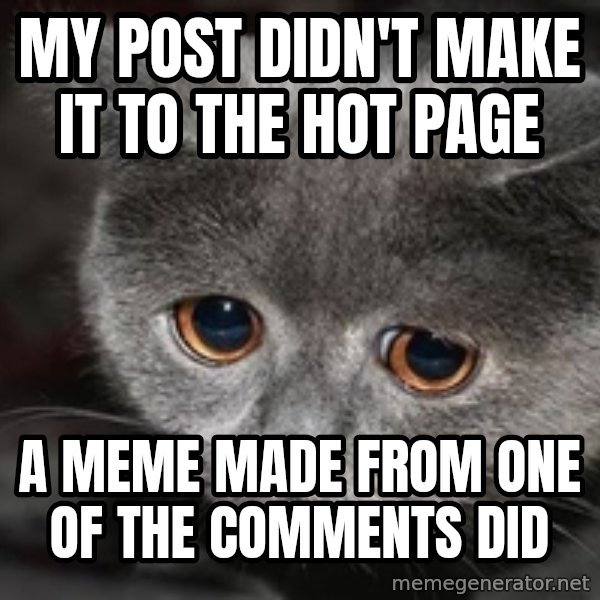 Sadcat meme: My post Didn't make it to the hot page / a meme made from one of the comments did