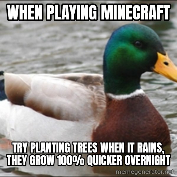 Actual Advice Mallard 1 meme: When playing Minecraft / Try planting trees when it rains, they grow 100% quicker overnight
