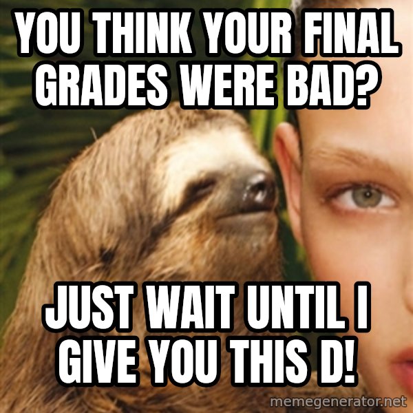 The Rape Sloth meme: You think your final grades were bad? / Just wait until i give you this d!