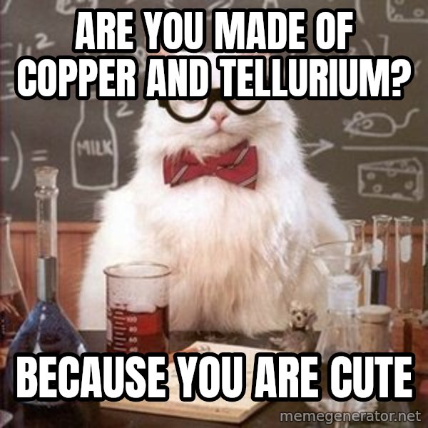 Chemistry Cat meme: Are you made of Copper and Tellurium? / Because you are cUte