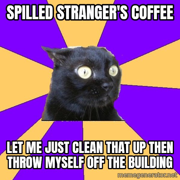 Anxiety Cat meme: Spilled stranger's coffee / Let me just clean that up then throw myself off the building