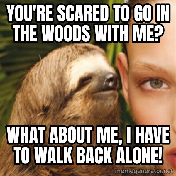 The Rape Sloth meme: You're scared to go in the woods with me? / what about me, i have to walk Back alone!