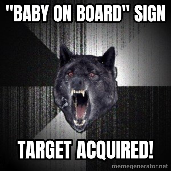 Insanity Wolf meme: "baby on board" sign / target acquired!