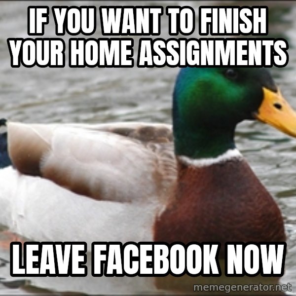 Actual Advice Mallard 1 meme: If you want to finish your home assignments / Leave facebook now