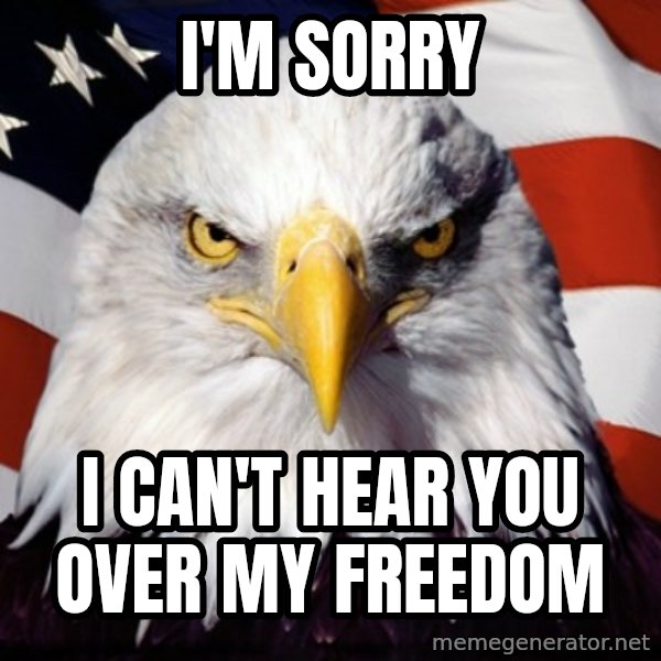 Freedom Eagle  meme: I'm sorry / I can't hear you over my freedom
