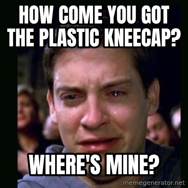 crying peter parker meme: How come YOU got the plastic kneecap? / Where's mine?