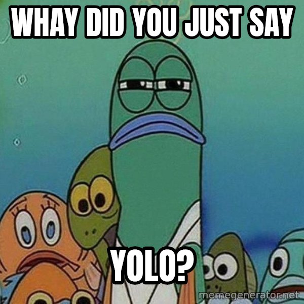 Serious Fish Spongebob meme: whay did you just say / yolo?