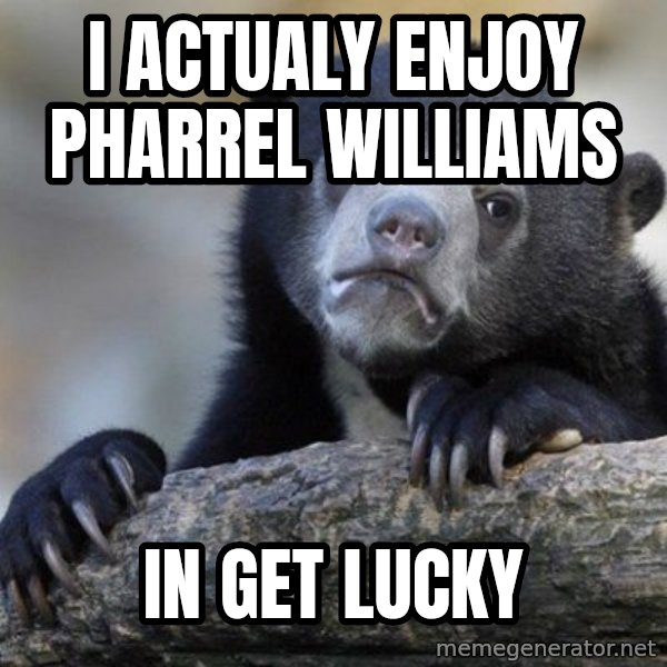 Confession Bear meme: I Actualy enjoy PHARREL WILLIAMS / in Get Lucky