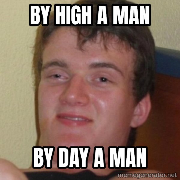Stoner Guy meme: BY HIGH A MAN / BY DAY A MAN