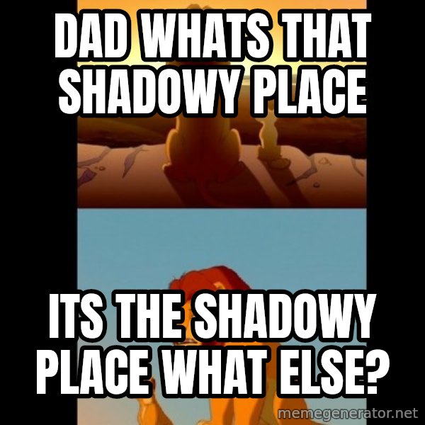 Lion King Shadowy Place meme: dad whats that shadowy place / its the shadowy place what else?